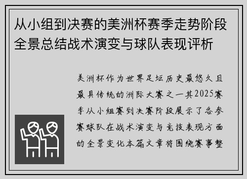 从小组到决赛的美洲杯赛季走势阶段全景总结战术演变与球队表现评析